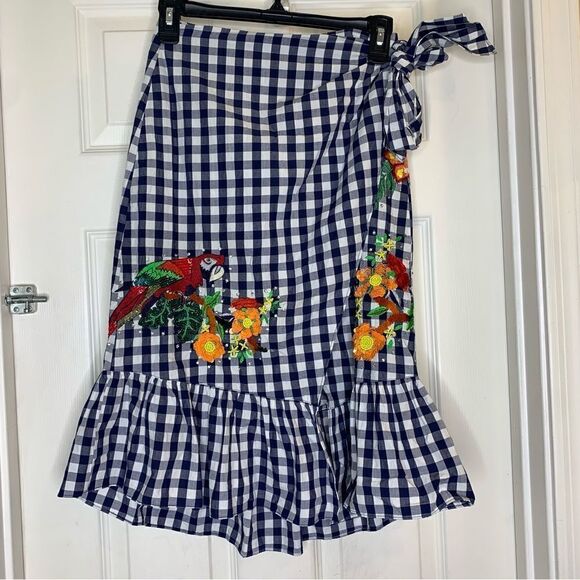 Zara Woman Gingham Wrap Skirt Embroidered Bird NWT Size XS - Picture 3 of 15